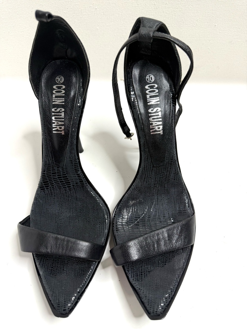 Colin Stuart Black Pointed Toe Ankle-Strap Heels with Textured Insole Size 10